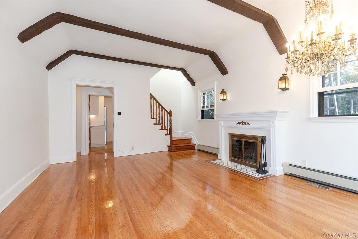 Chandelier, Empty room, Fireplace, Interior, Wooden Beams, Wood Texture Flooring