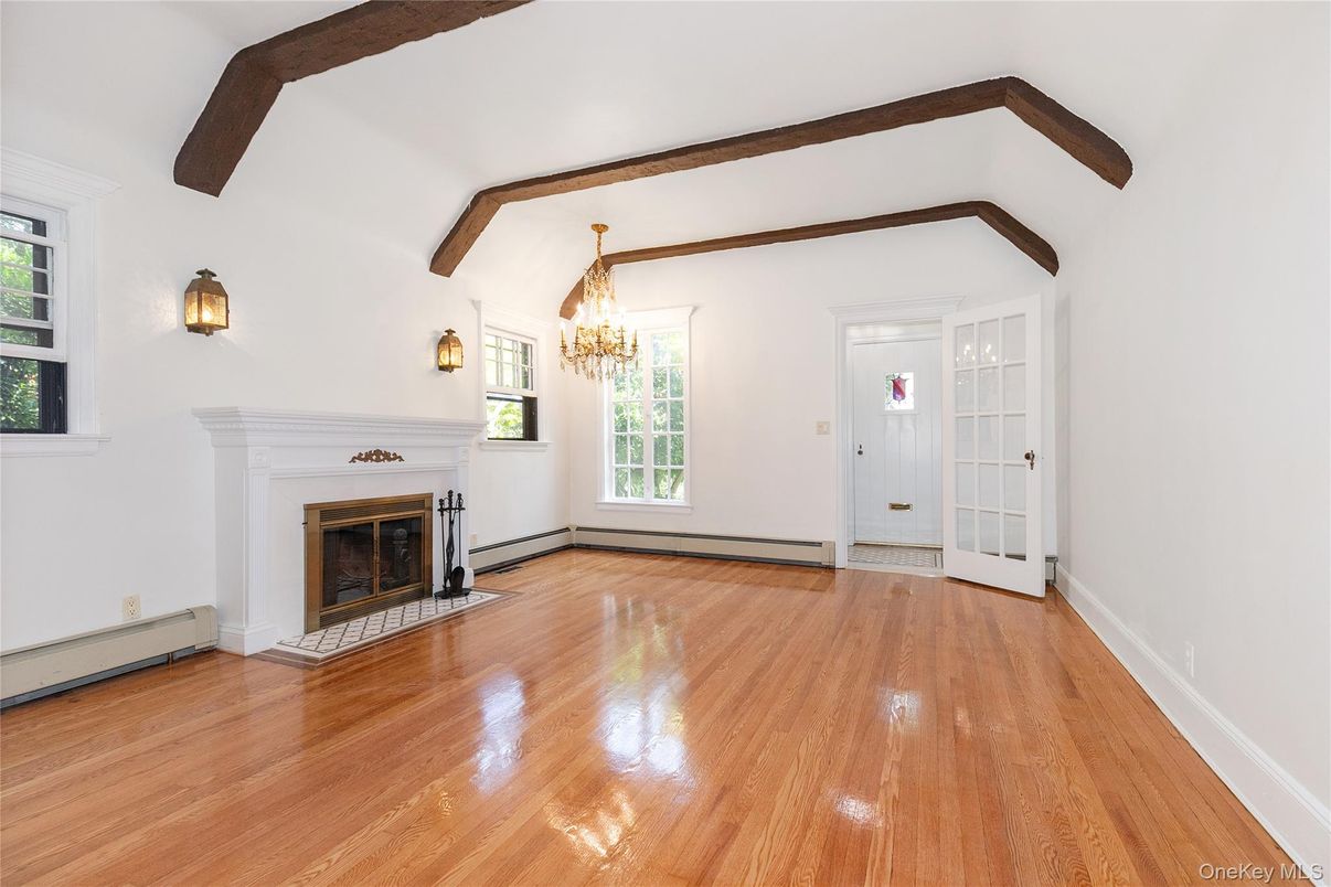 Chandelier, Empty room, Fireplace, Interior, Wooden Beams, Wood Texture Flooring