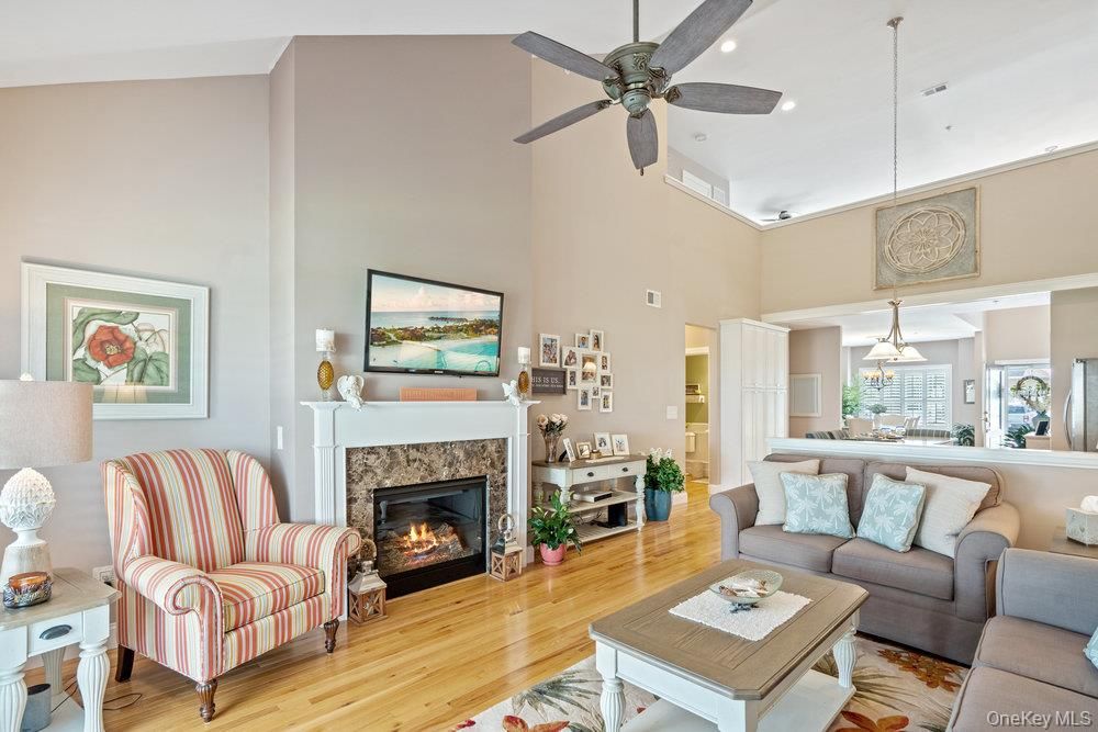 Fireplace, Interior, Kitchen, Living room, Pendant Lights, Recessed Lighting, Wood Texture Flooring