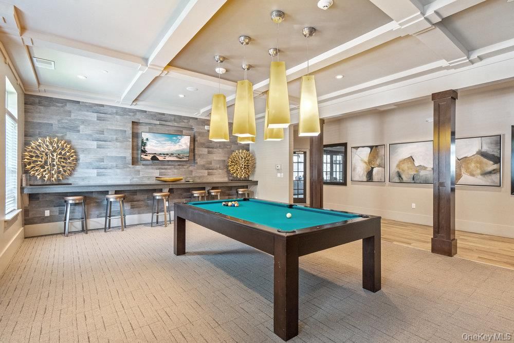 Billiard Table, Game Room, Interior, Pendant Lights, Recessed Lighting, Wood Texture Flooring