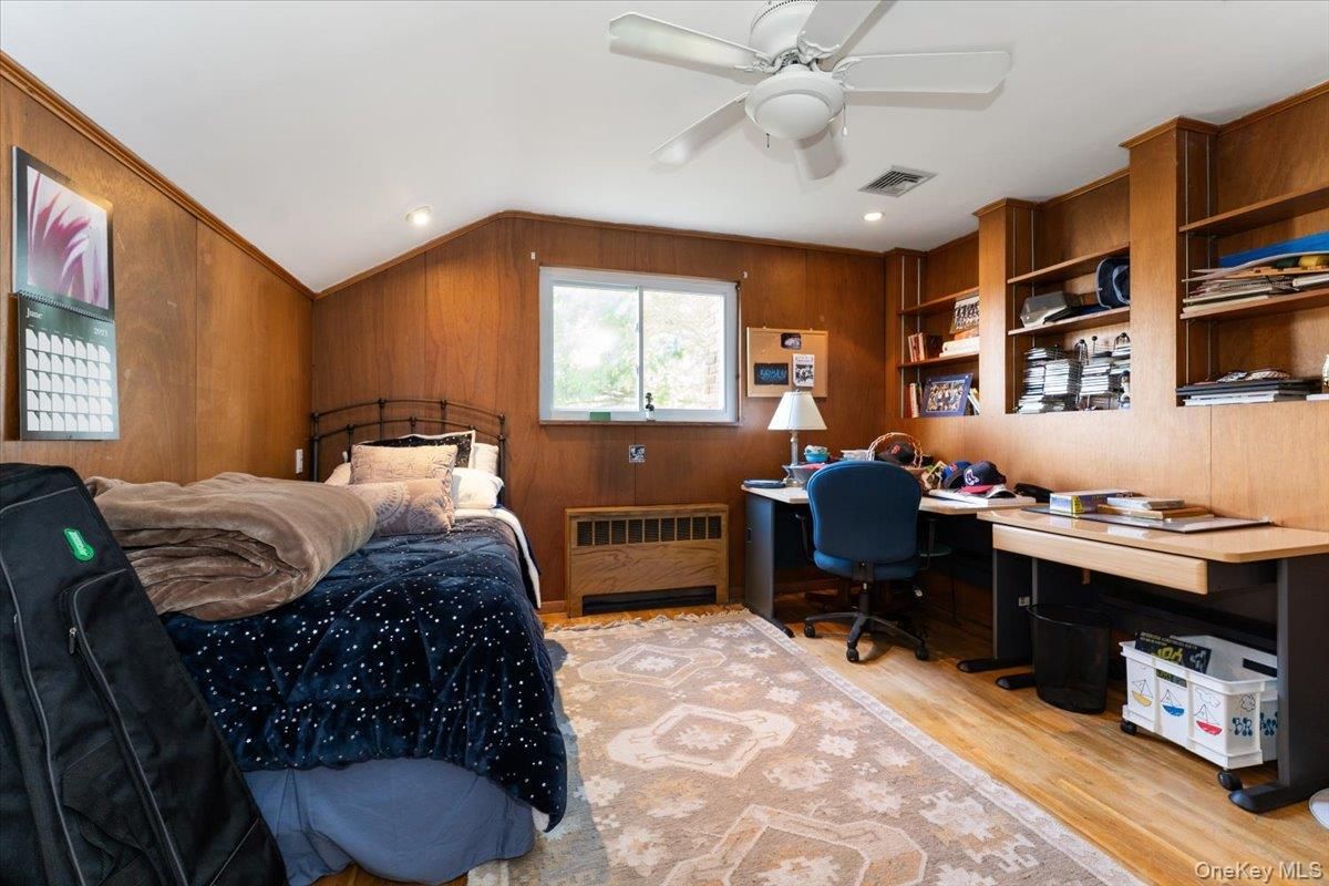 Home Office, Interior, Recessed Lighting, Wood Texture Flooring, Wooden Walls