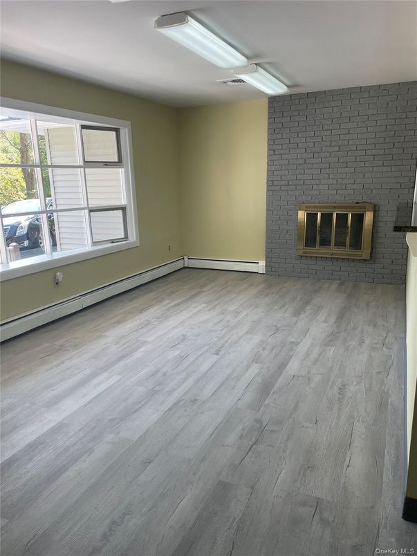 Empty room, Fireplace, Interior, Stone Walls, Wood Texture Flooring