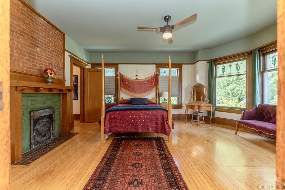 Bedroom, Fireplace, Interior, Stone Walls, Wood Texture Flooring