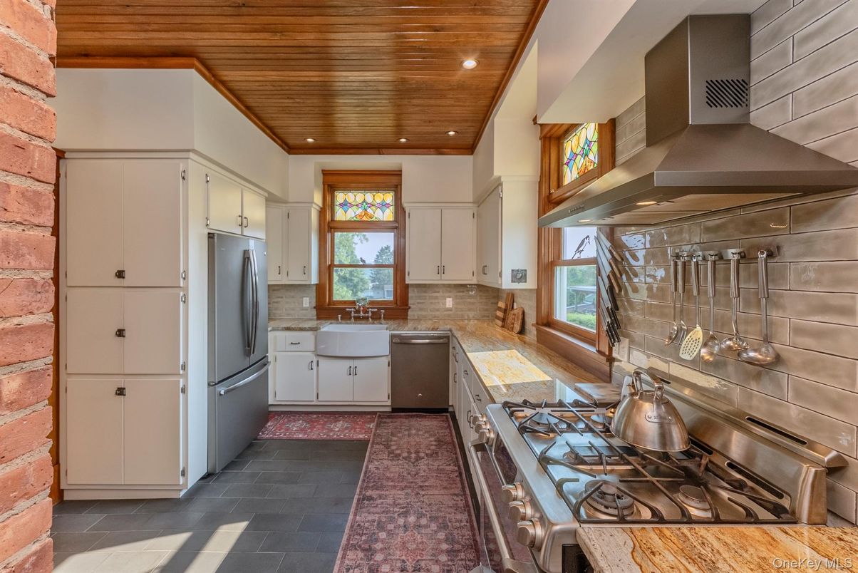 Interior, Kitchen, Recessed Lighting, Stainless Steel Appliances, Stone Walls, Wooden Ceilings