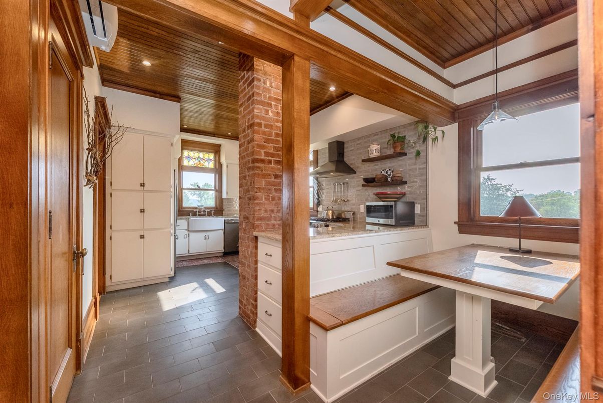 Interior, Kitchen, Pendant Lights, Recessed Lighting, Stone Walls, Wooden Beams, Wooden Ceilings, Wood Texture Flooring