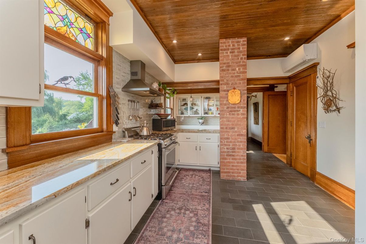 Interior, Kitchen, Recessed Lighting, Stainless Steel Appliances, Stone Walls, Wooden Ceilings