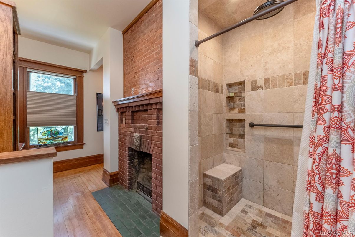 Bathroom, Fireplace, Interior, Stone Walls, Wood Texture Flooring