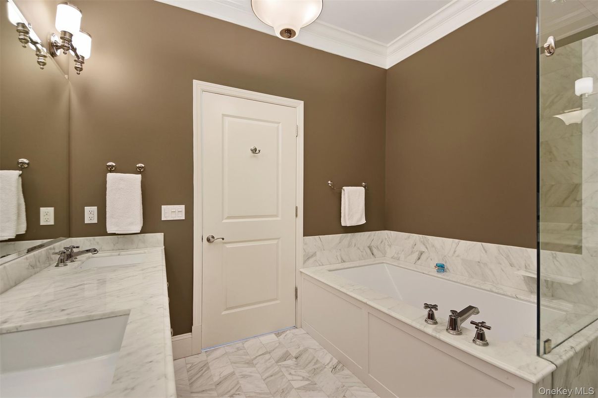 Bathroom, Dual Sink Vanities, Glass Shower, Interior, Marble, Marble Walls