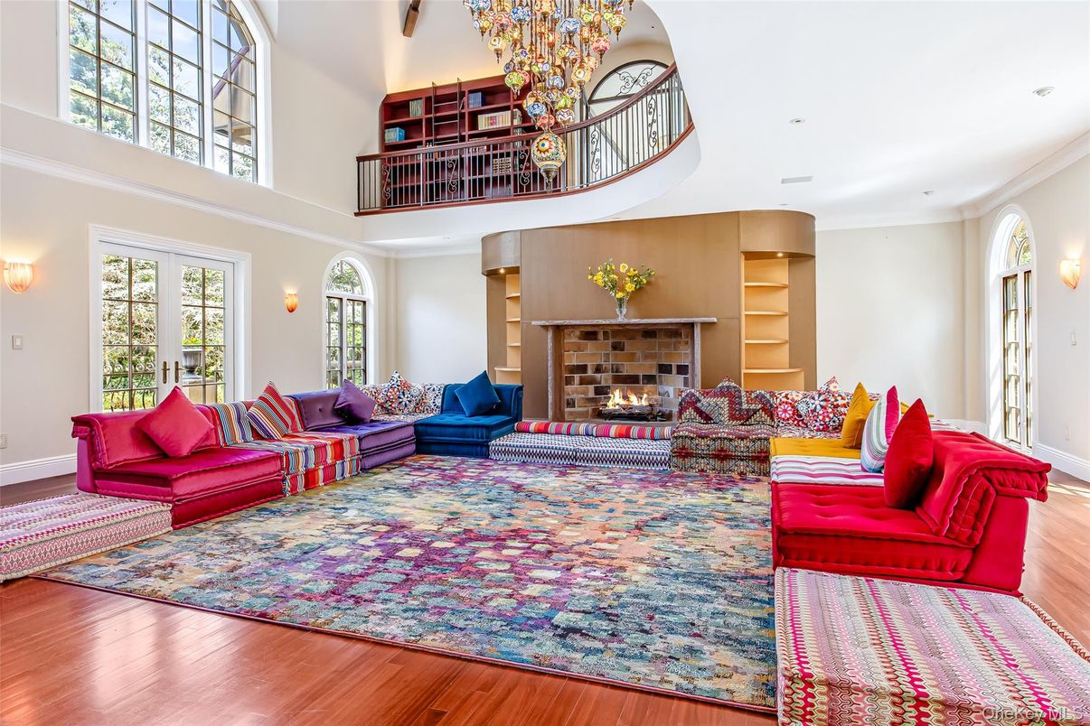 Chandelier, Fireplace, Interior, Living room, Recessed Lighting, Wood Texture Flooring