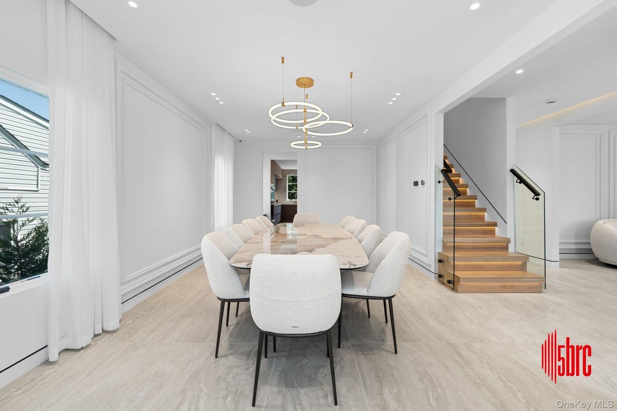 Dining room, Interior, Pendant Lights, Recessed Lighting, Wood Texture Flooring