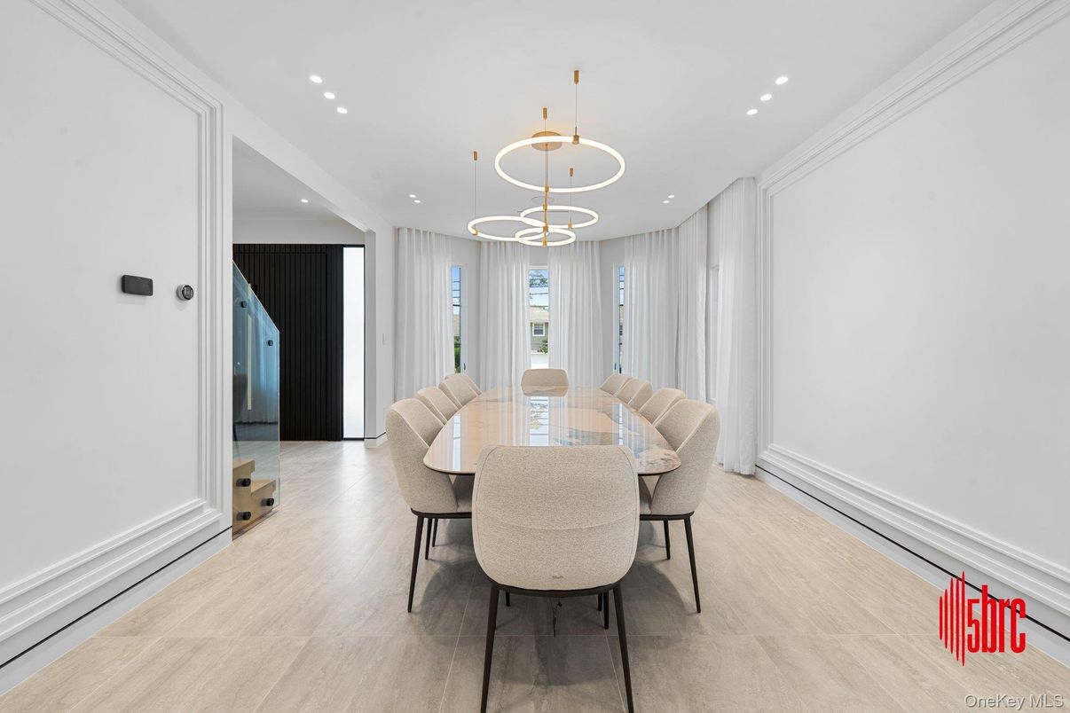 Dining room, Interior, Pendant Lights, Recessed Lighting, Wood Texture Flooring