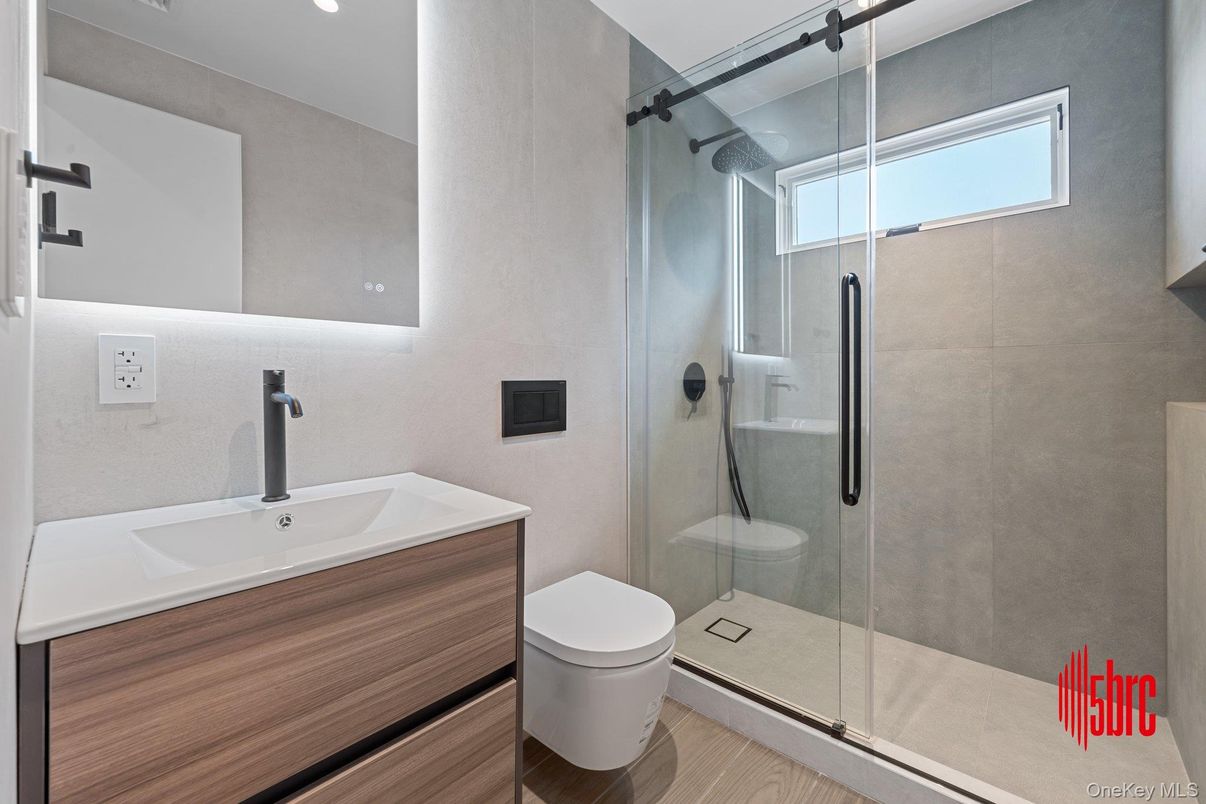 Bathroom, Glass Shower, Interior, Recessed Lighting, Wood Texture Flooring