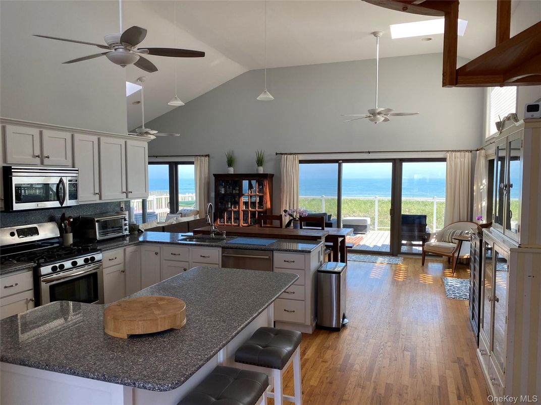 Interior, Kitchen, Pendant Lights, Stainless Steel Appliances, Water, Wooden Beams, Wood Texture Flooring