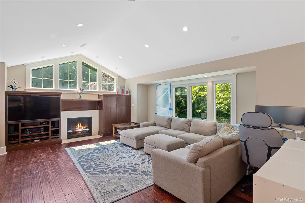 Fireplace, Interior, Living room, Recessed Lighting, Wood Texture Flooring