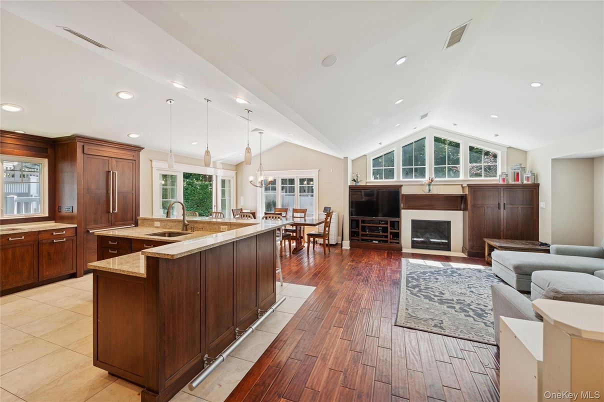 Dining room, Fireplace, Interior, Kitchen, Living room, Pendant Lights, Recessed Lighting, Wood Texture Flooring