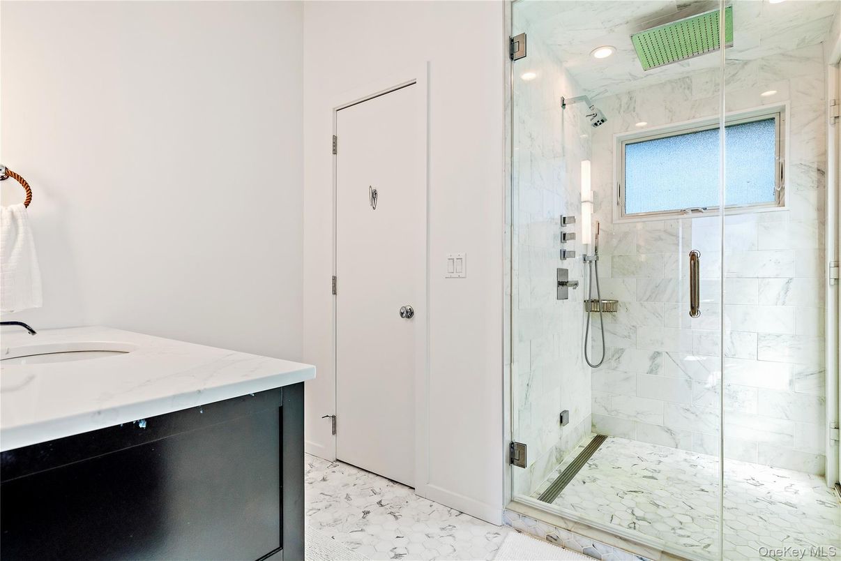Bathroom, Glass Shower, Interior, Marble, Marble Walls, Recessed Lighting