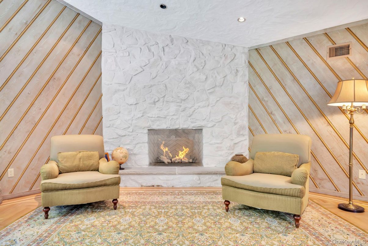 Fireplace, Interior, Recessed Lighting, Stone Walls