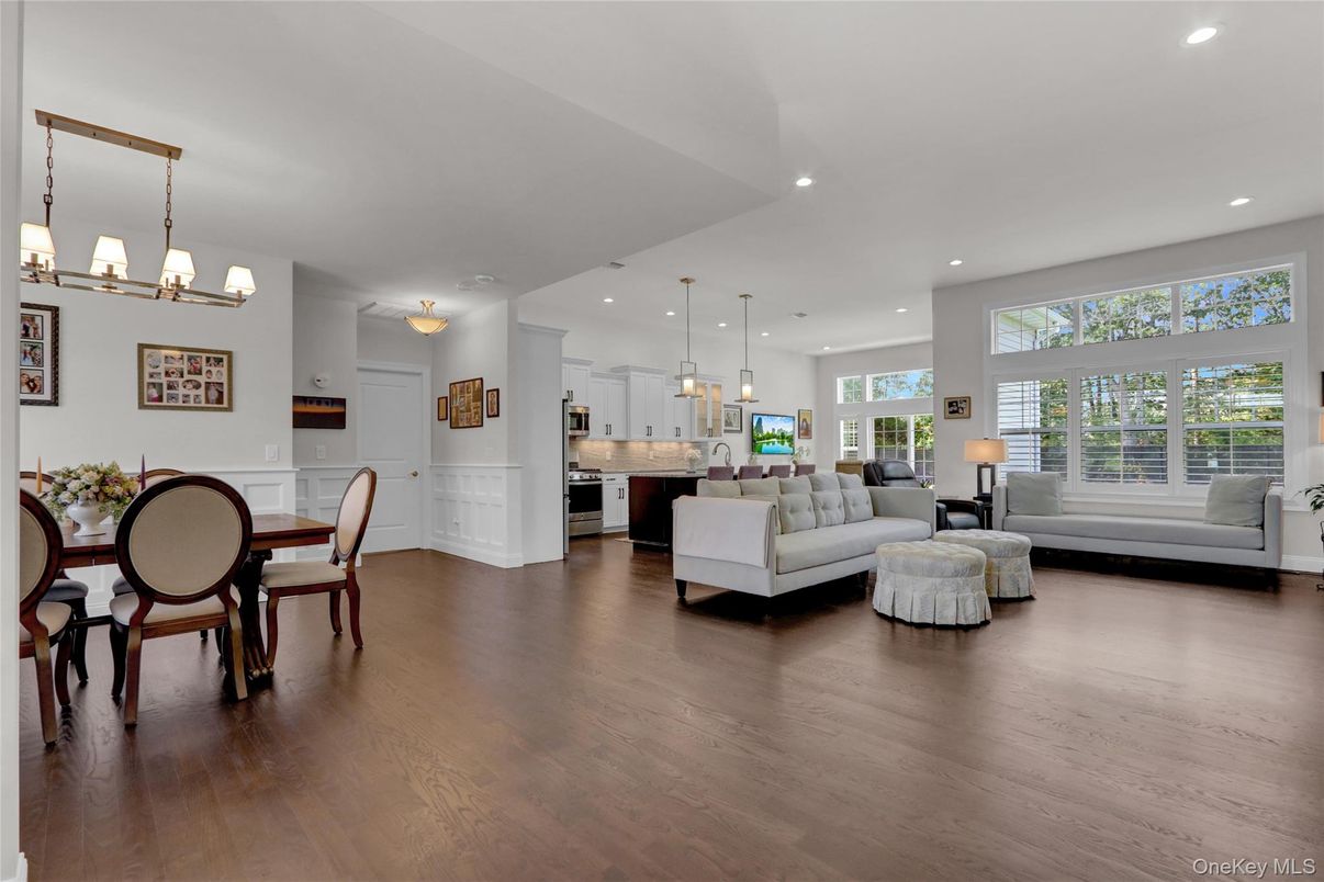 Chandelier, Dining room, Interior, Kitchen, Living room, Pendant Lights, Recessed Lighting, Wood Texture Flooring