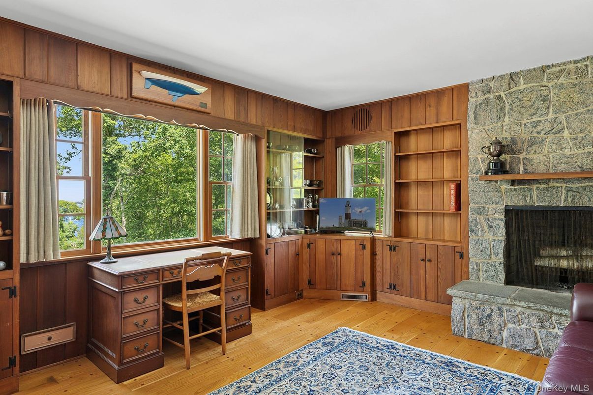 Fireplace, Home Office, Interior, Stone Walls, Wood Texture Flooring, Wooden Walls