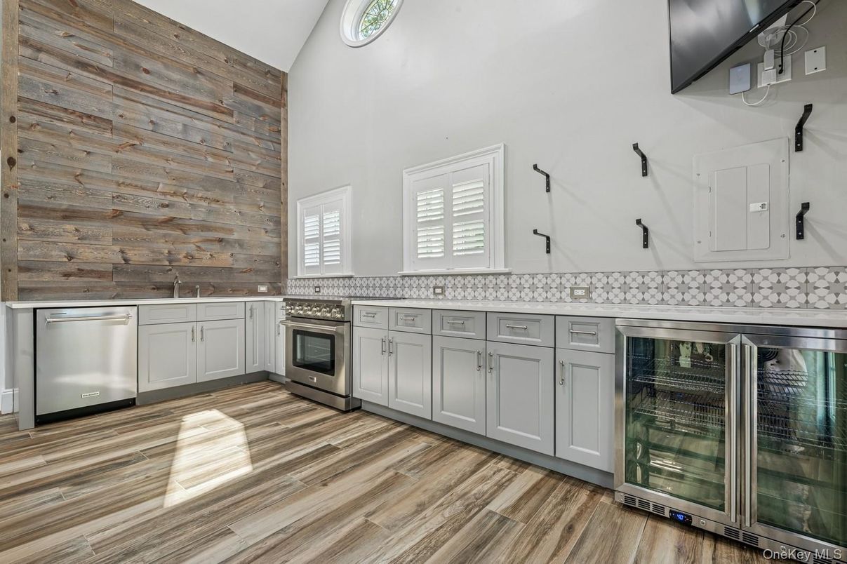 Interior, Kitchen, Stainless Steel Appliances, Wood Texture Flooring, Wooden Walls