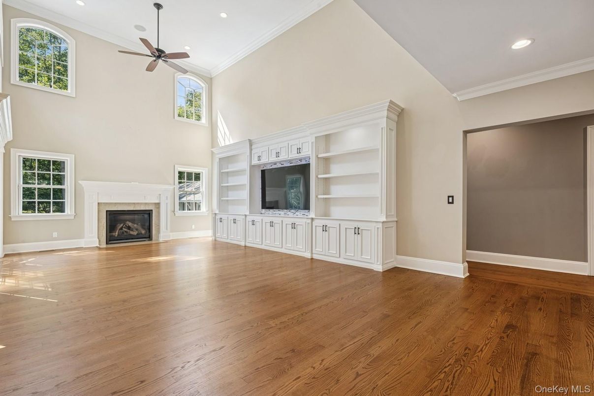 Empty room, Fireplace, Interior, Recessed Lighting, Wood Texture Flooring