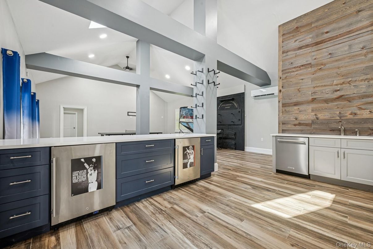Interior, Kitchen, Recessed Lighting, Stainless Steel Appliances, Wood Texture Flooring, Wooden Walls