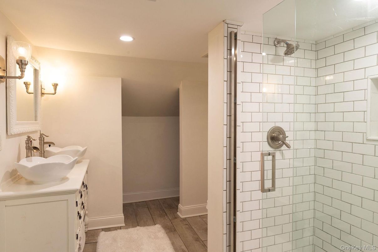 Bathroom, Glass Shower, Interior, Recessed Lighting, Wood Texture Flooring