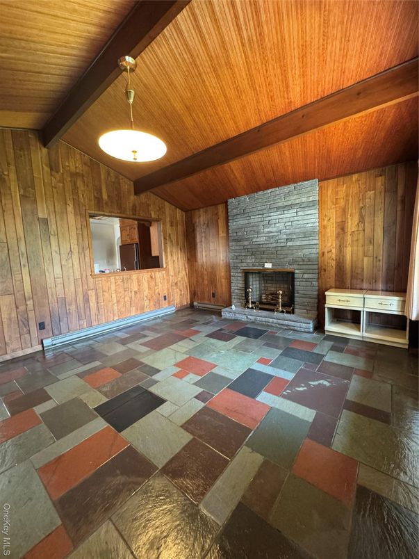 Empty room, Fireplace, Interior, Pendant Lights, Wooden Beams, Wooden Ceilings, Wooden Walls
