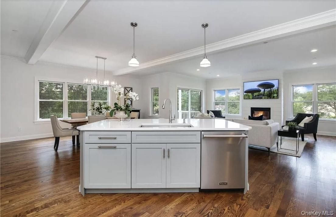Dining room, Fireplace, Interior, Kitchen, Living room, Pendant Lights, Recessed Lighting, Wood Texture Flooring