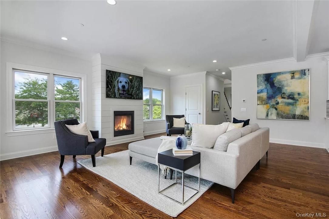 Fireplace, Interior, Living room, Recessed Lighting, Wood Texture Flooring