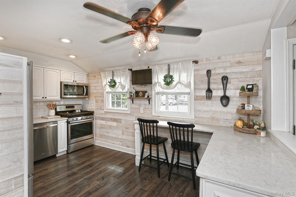 Interior, Kitchen, Recessed Lighting, Stainless Steel Appliances, Stone Walls, Wood Texture Flooring