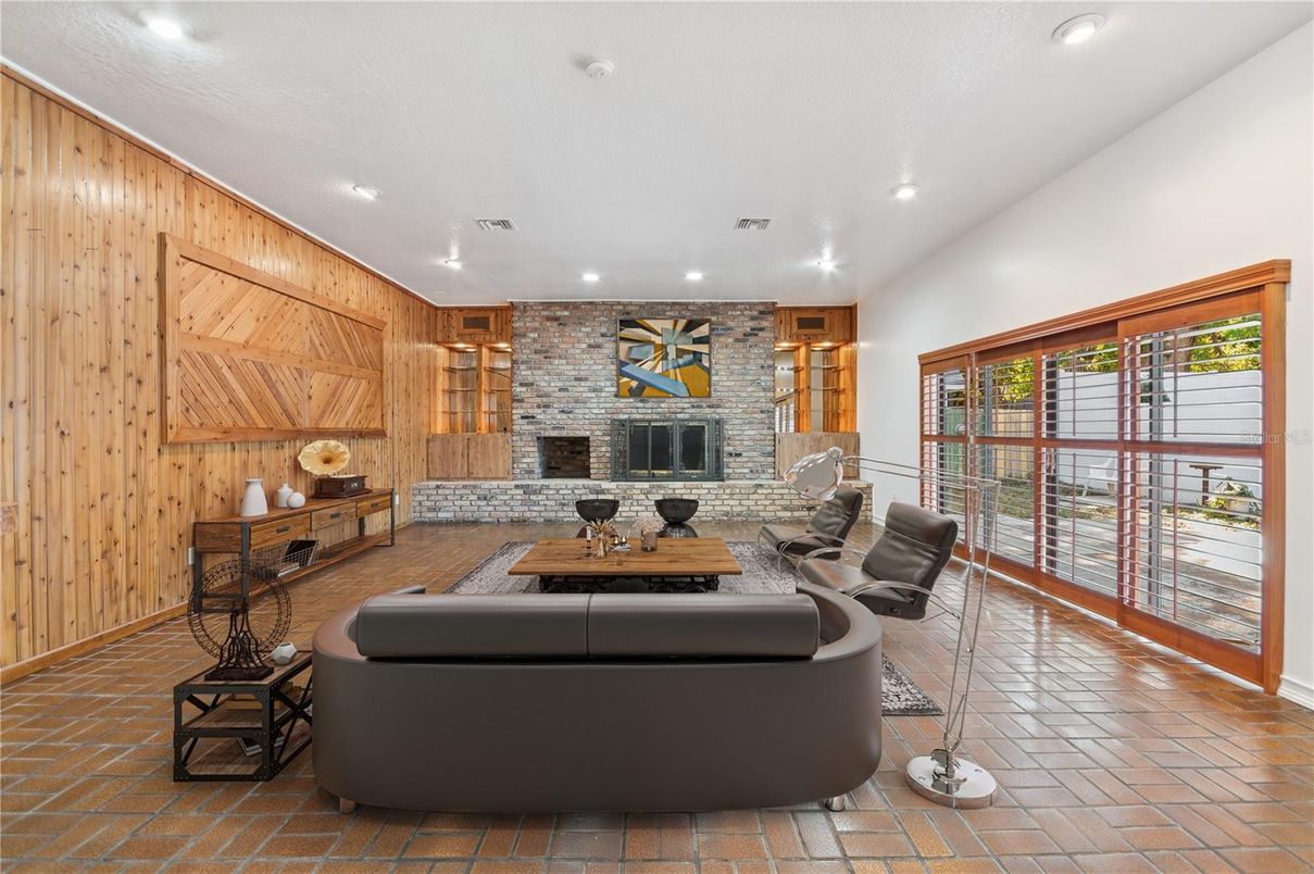 Fireplace, Interior, Living room, Recessed Lighting, Stone Walls, Wooden Walls