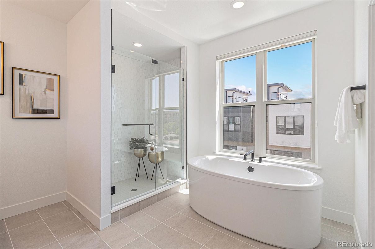 Bathroom, Free Standing Baths, Glass Shower, Interior, Recessed Lighting