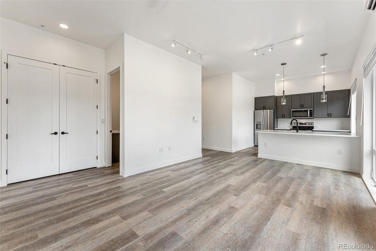 Empty room, Interior, Kitchen, Pendant Lights, Recessed Lighting, Stainless Steel Appliances, Wood Texture Flooring
