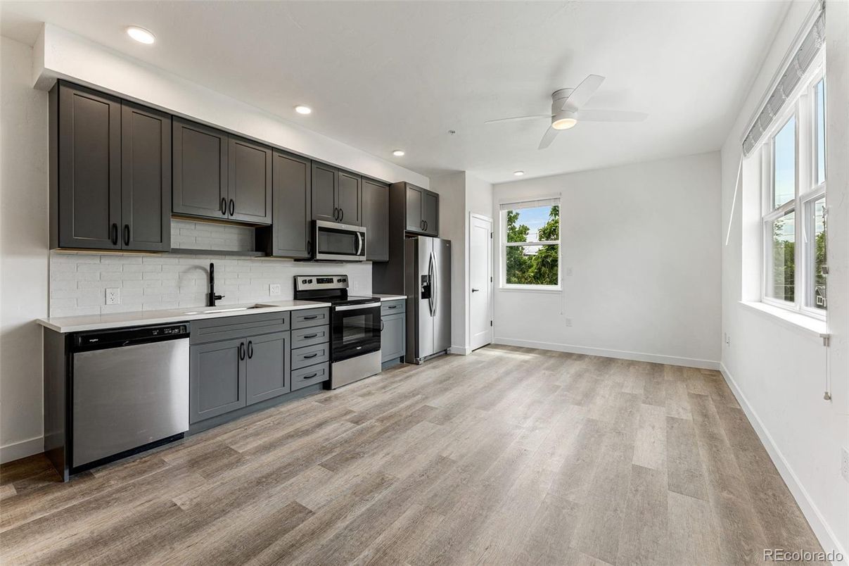Interior, Kitchen, Recessed Lighting, Stainless Steel Appliances, Wood Texture Flooring