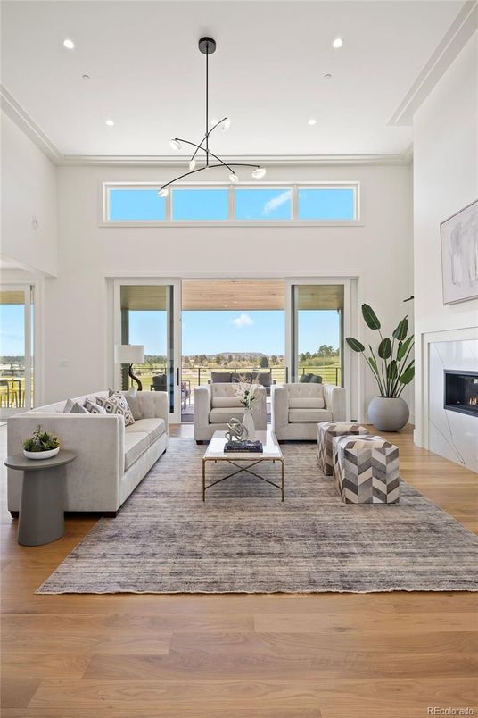 Fireplace, Interior, Living room, Pendant Lights, Recessed Lighting, Wood Texture Flooring