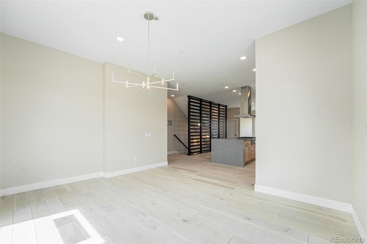 Empty room, Interior, Kitchen, Pendant Lights, Recessed Lighting, Wood Texture Flooring