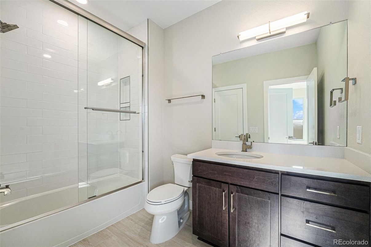 Bathroom, Glass Shower, Interior, Recessed Lighting, Wood Texture Flooring