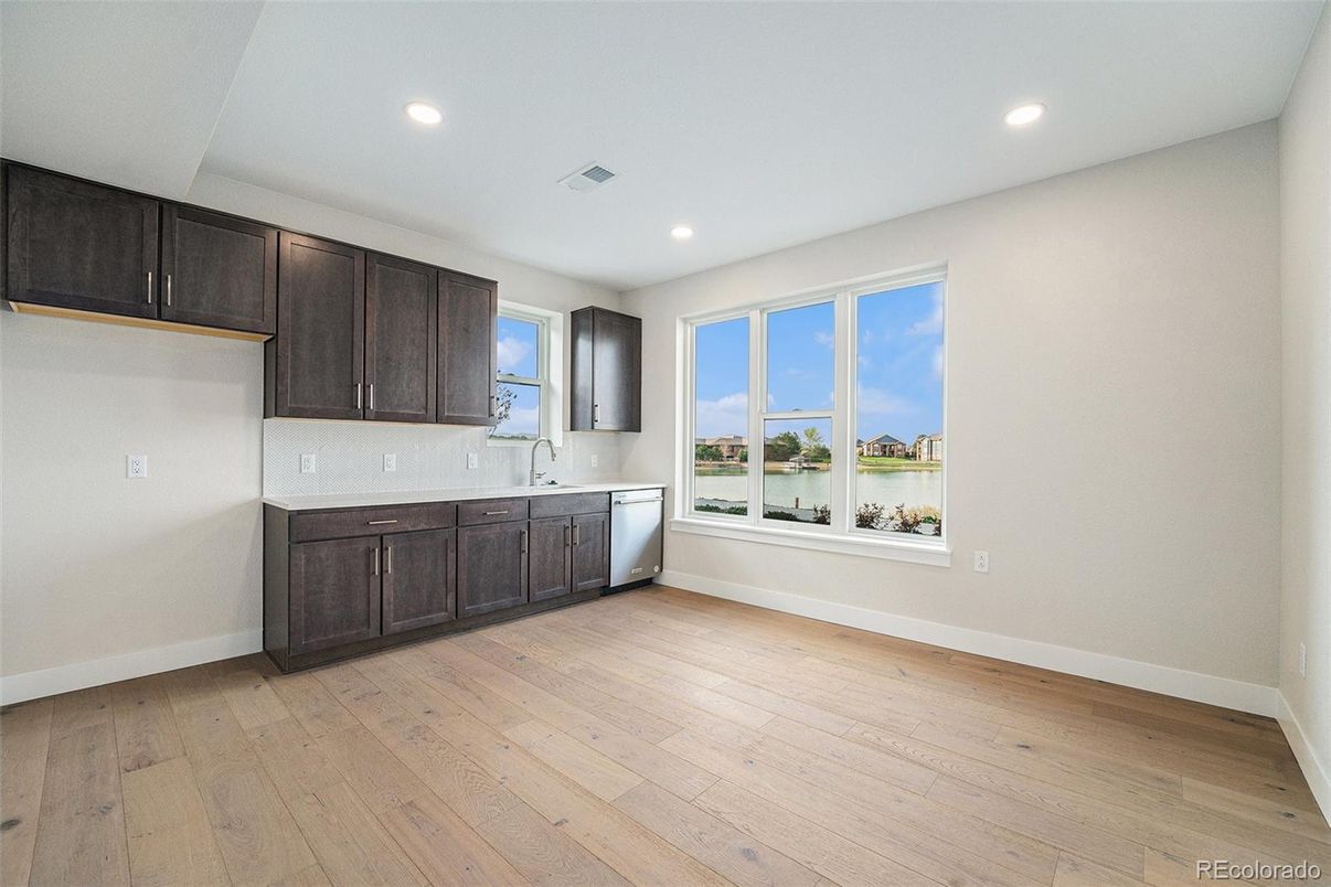 Empty room, Interior, Kitchen, Recessed Lighting, Wood Texture Flooring