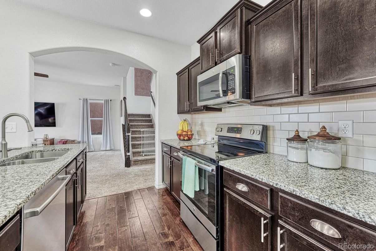 Interior, Kitchen, Recessed Lighting, Stainless Steel Appliances, Wood Texture Flooring