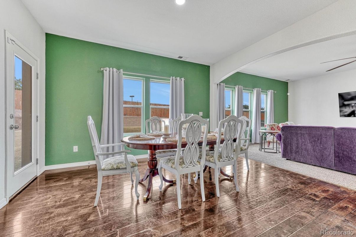 Dining room, Interior, Recessed Lighting, Wood Texture Flooring