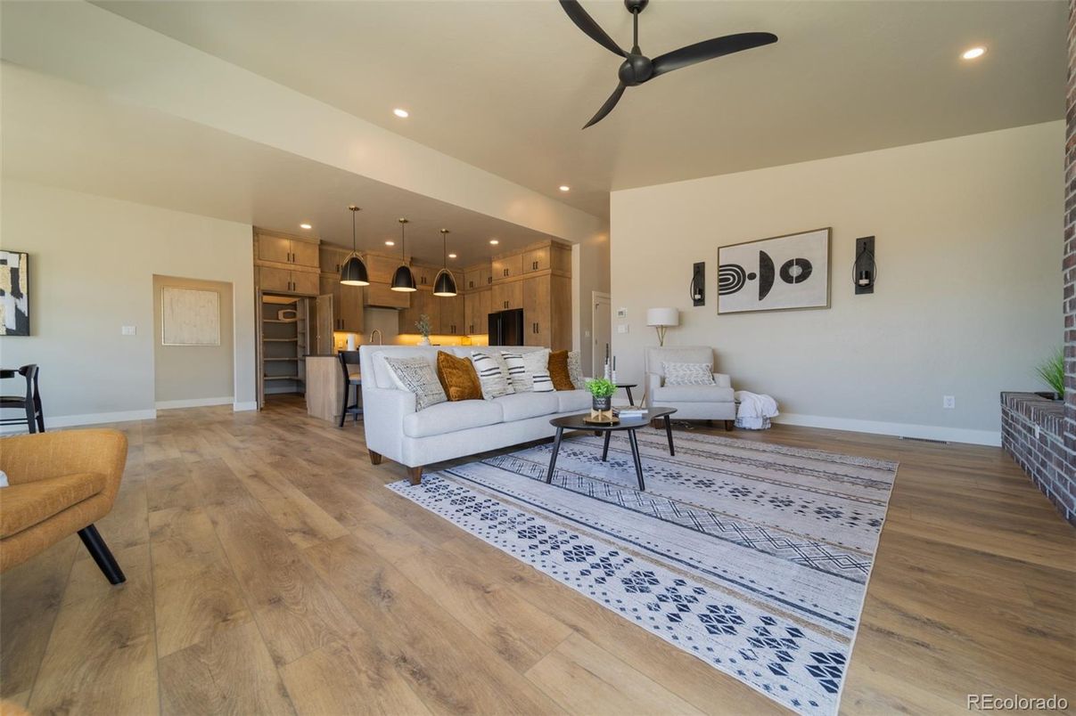 Interior, Kitchen, Living room, Pendant Lights, Recessed Lighting, Stainless Steel Appliances, Wood Texture Flooring