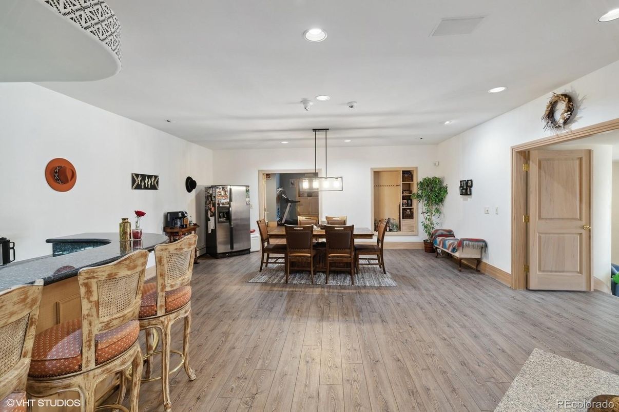 Dining room, Interior, Pendant Lights, Recessed Lighting, Wood Texture Flooring