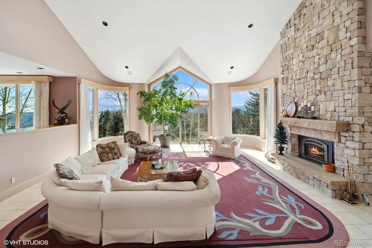 Fireplace, Interior, Living room, Recessed Lighting, Stone Walls