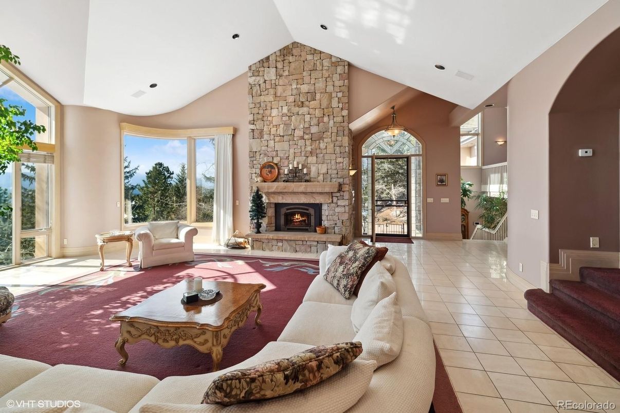 Fireplace, Interior, Living room, Pendant Lights, Recessed Lighting, Stone Walls