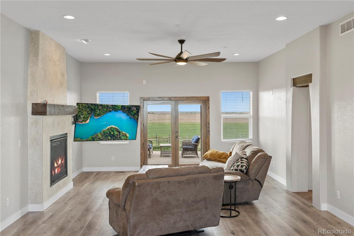 Fireplace, Interior, Living room, Recessed Lighting, Wood Texture Flooring