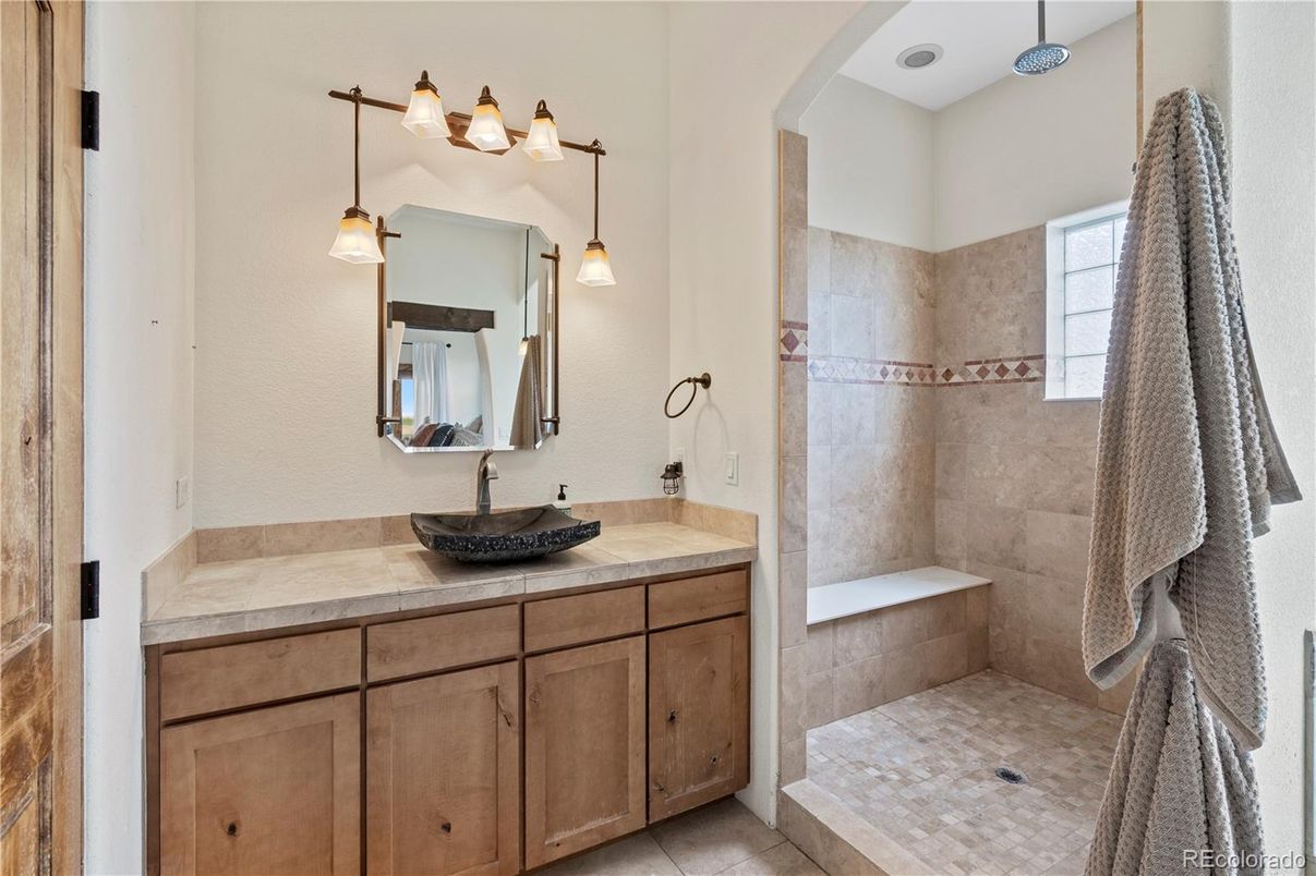 Bathroom, Dual Sink Vanities, Interior, Pendant Lights, Tile Countertops