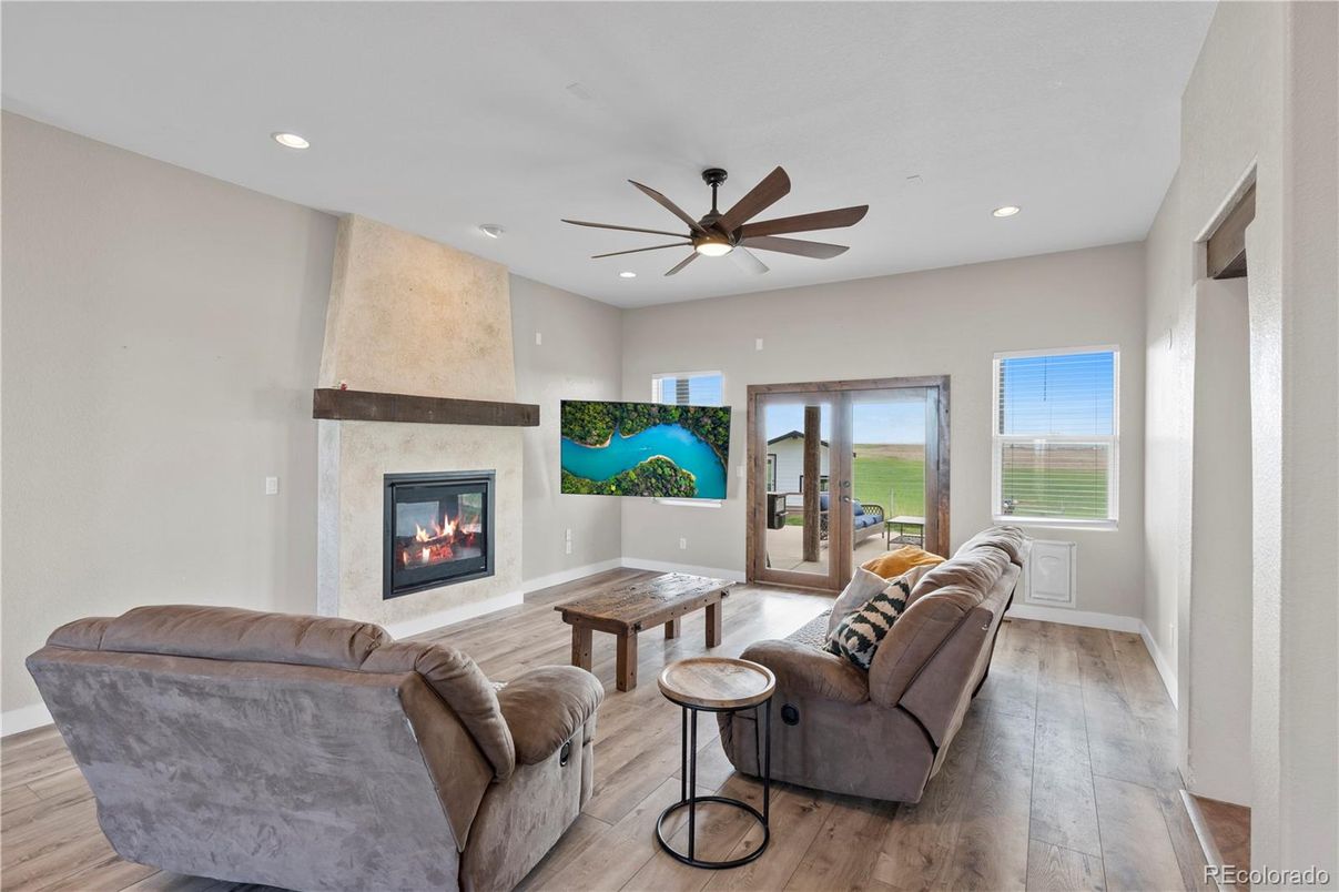 Fireplace, Interior, Living room, Recessed Lighting, Wood Texture Flooring