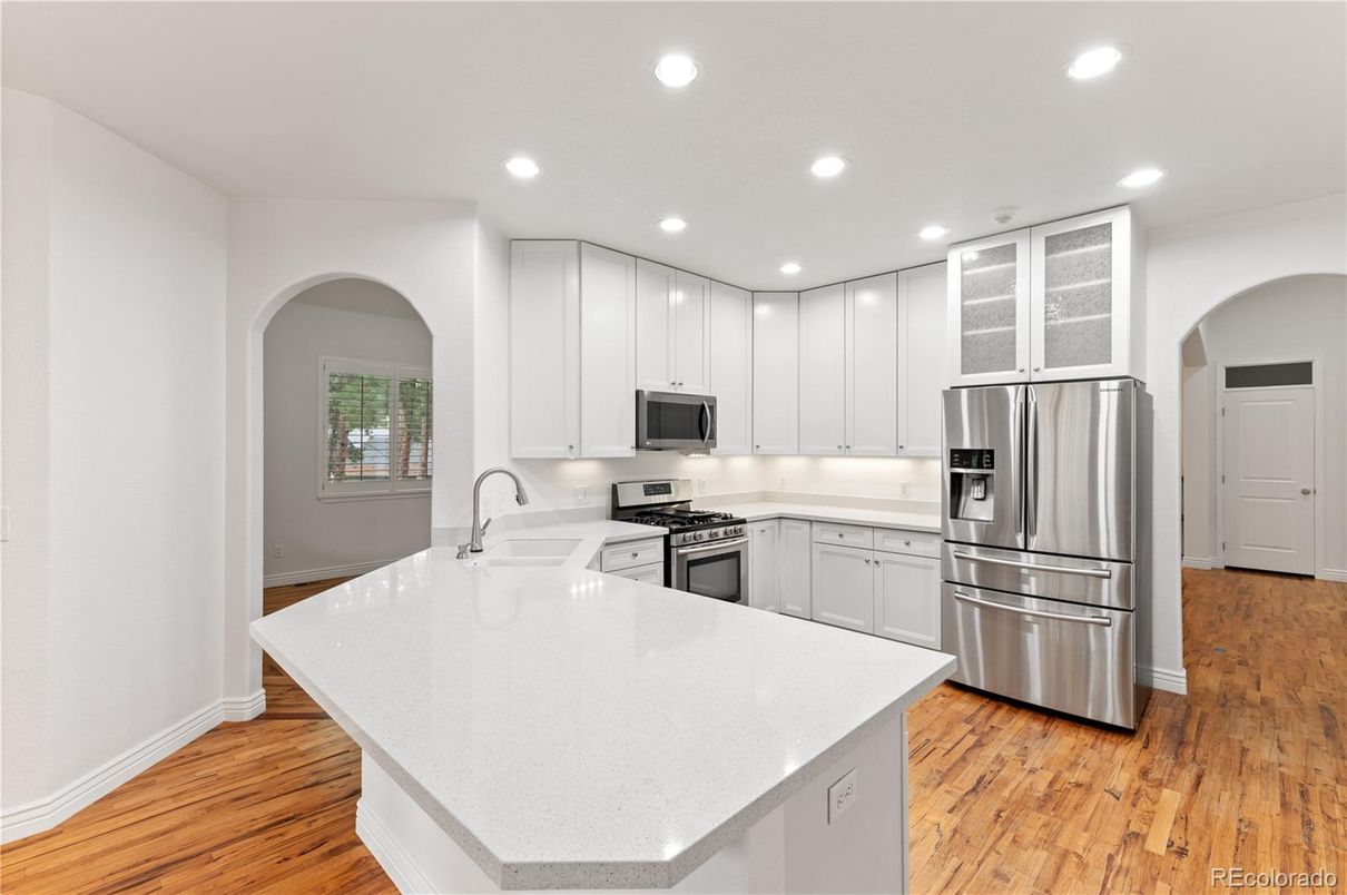 Interior, Kitchen, Recessed Lighting, Stainless Steel Appliances, Wood Texture Flooring