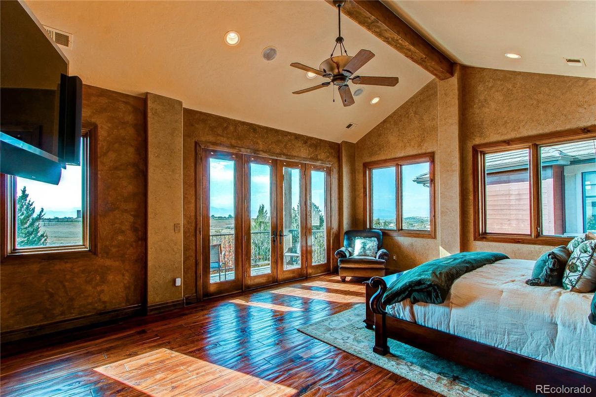 Bedroom, Interior, Recessed Lighting, Wooden Beams, Wood Texture Flooring